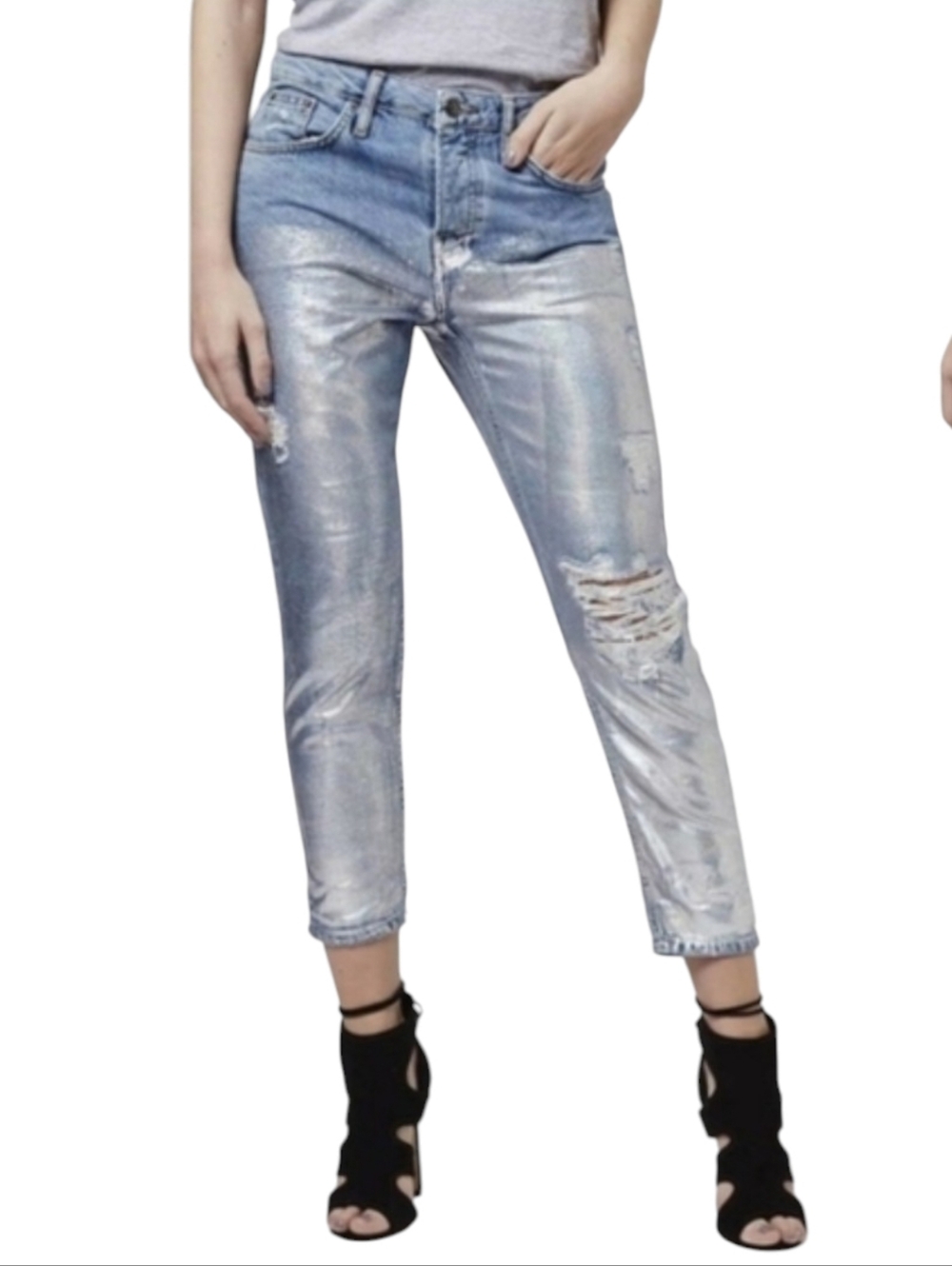 TOPSHOP MOTO HYDEN METALLIC DISTRESSED JEANS SIZE 26